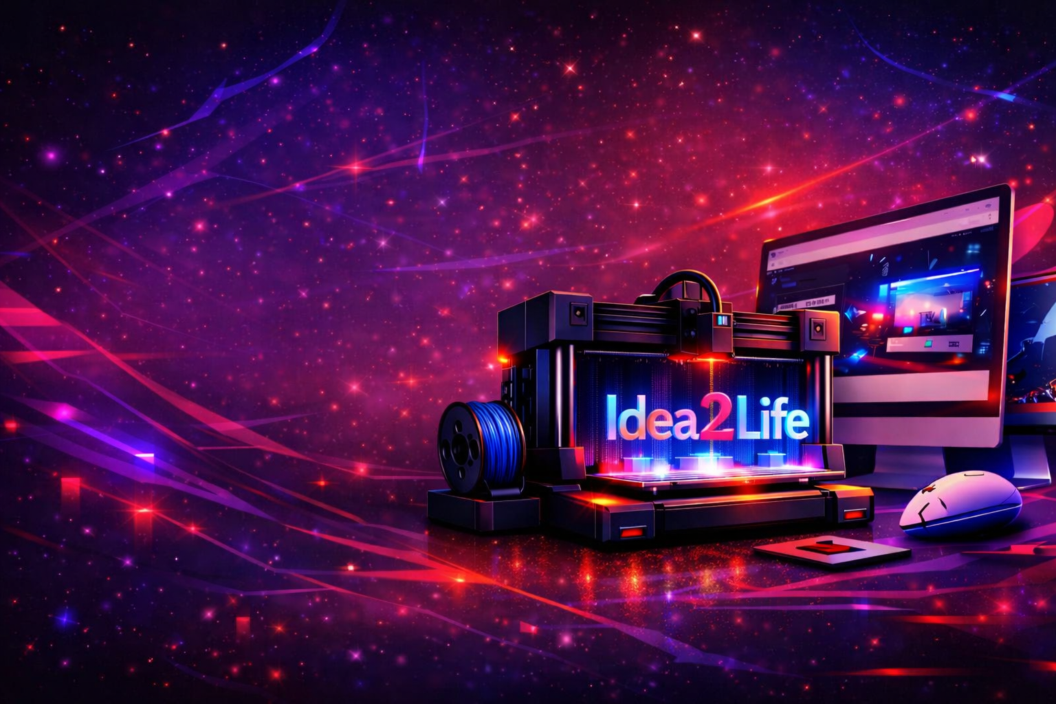 Poste de travail et imprimante 3D illustrant le passage d'une idée à un site web ou un objet physique